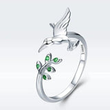 Anillo Colibrí con zirconitas verdes en plata