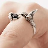 Anillo Colibrí y Flor – Anillo Ajustable con Pájaro Abierto para Mujeres