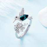 Anillo Ajustable con Pájaros y Circonita Azul en Plata de Ley