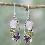 Pendientes Vintage de Cristal y Piedra de Luna Púrpura y Verde en Plata