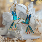 Pendientes Vintage de Colibrí en Esmalte Azul