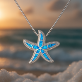 Colador Plateado con Estrella de Mar Azul Brillante y Ópalo