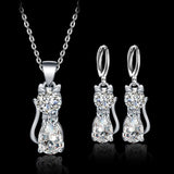 Conjunto de collar + pendientes Gatos Felices en plata y circonio blanco pulido